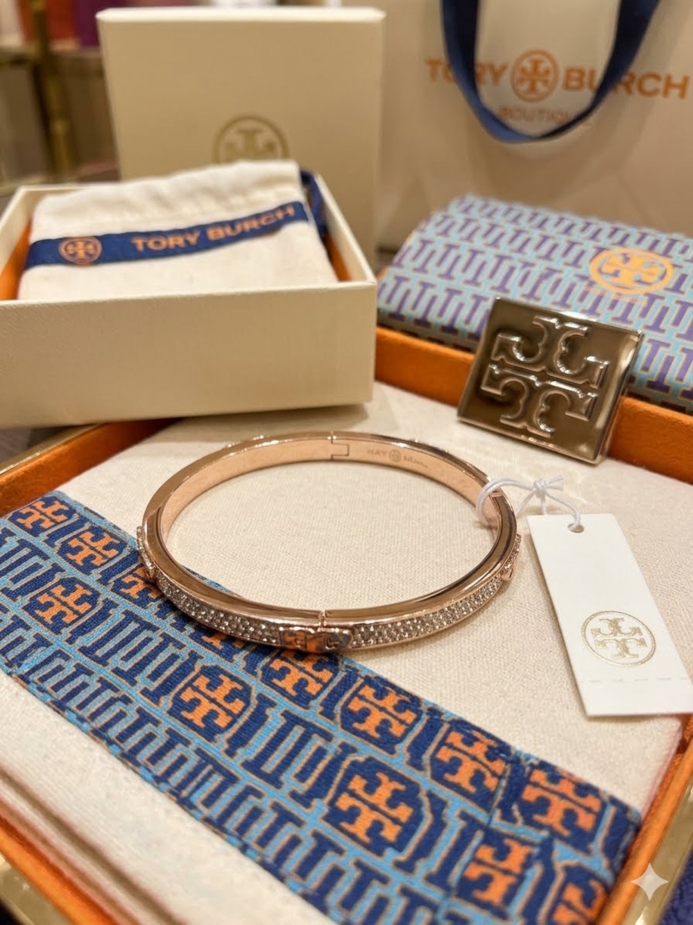Tory Burch Rose Gold Crystal-Accented Hinge Bracelet